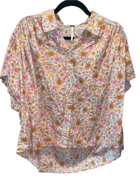Free People Floral Short-Sleeve Button-Down in Pink & Yellow (002)
